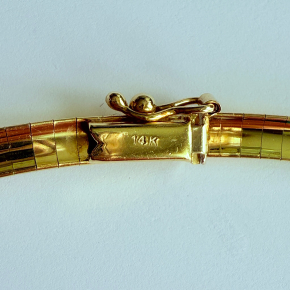 Estate 14K Yellow Gold Gooseneck Half Round Necklace Two Tone Modernist Pendant - Picture 9 of 12